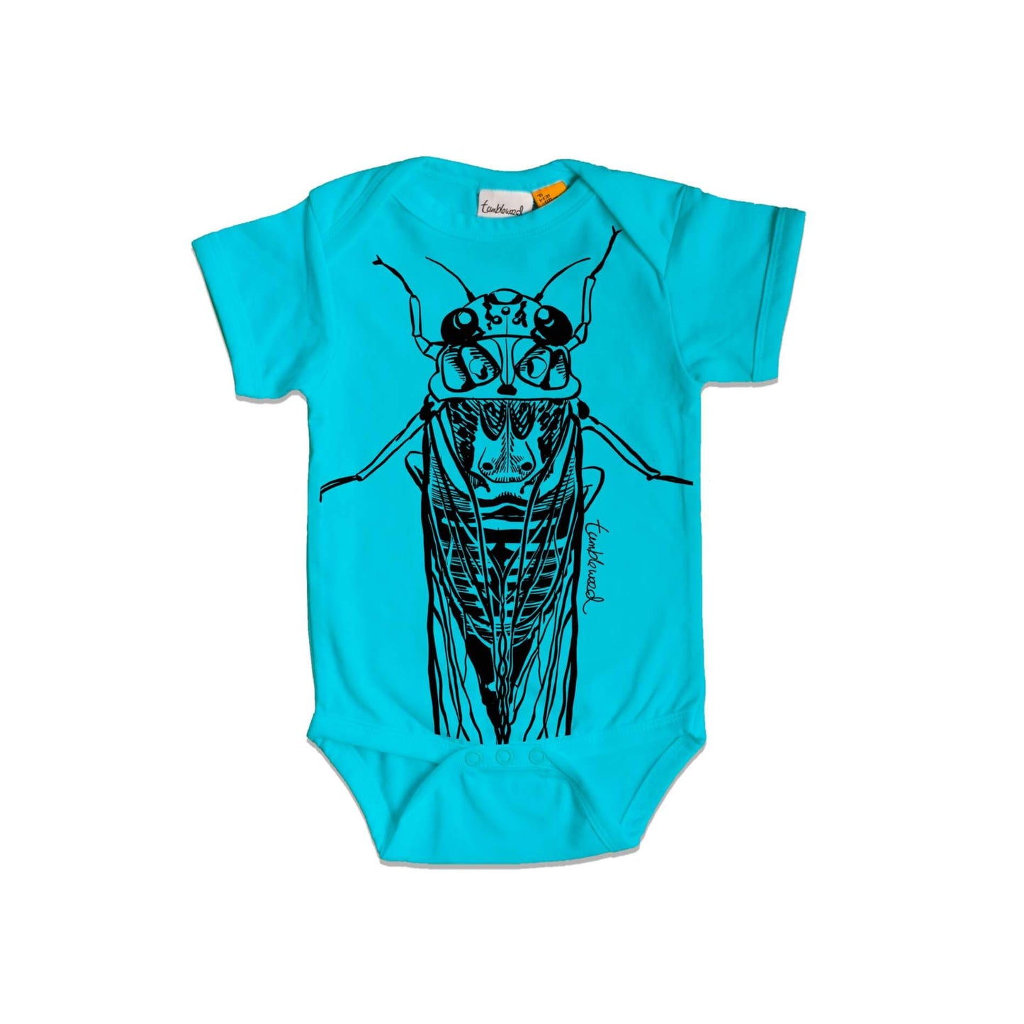 Short sleeved, blue, organic cotton, baby onesie featuring a screen printed Cicada design.
design.