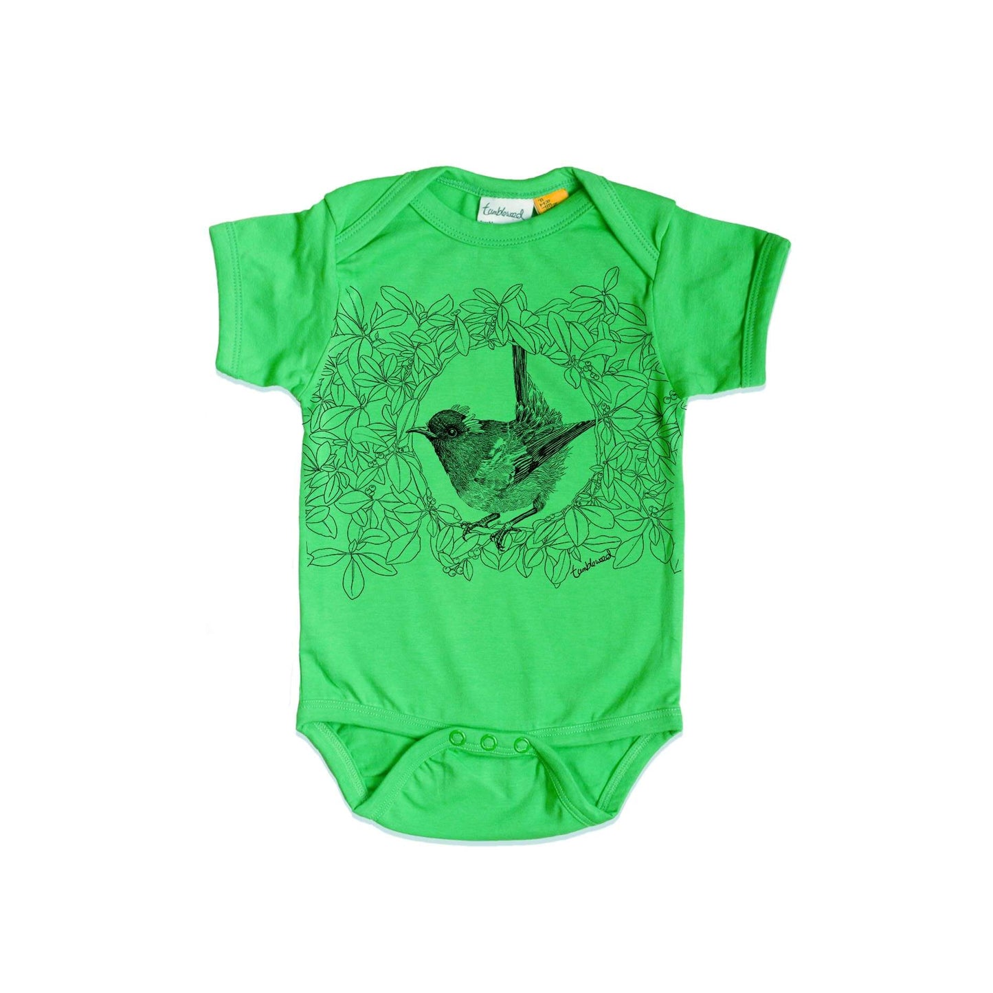 Short sleeved, green, organic cotton, baby onesie featuring a screen printed Hihi/Stitchbird design.
design.
