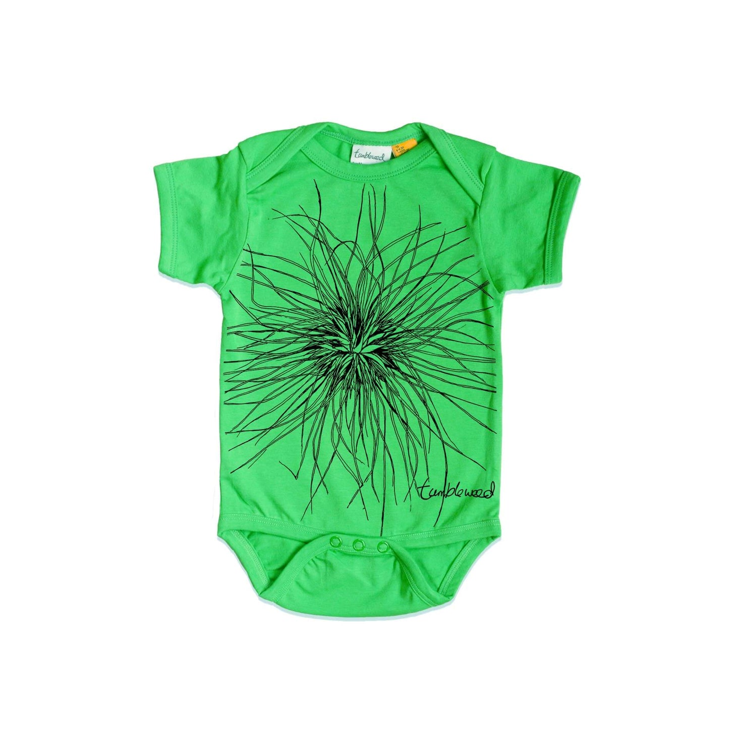 Short sleeved, green, organic cotton, baby onesie featuring a screen printed Tumbleweed/Spinifex design.
design.