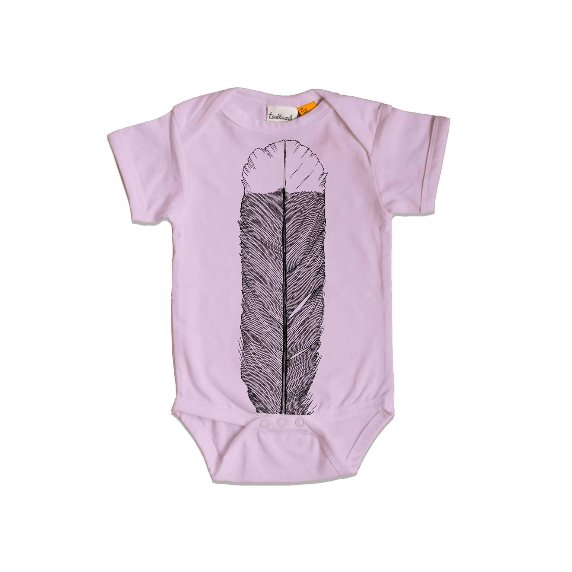 Short sleeved, purple, organic cotton, baby onesie featuring a screen printed Huia Feather design.
 design.
