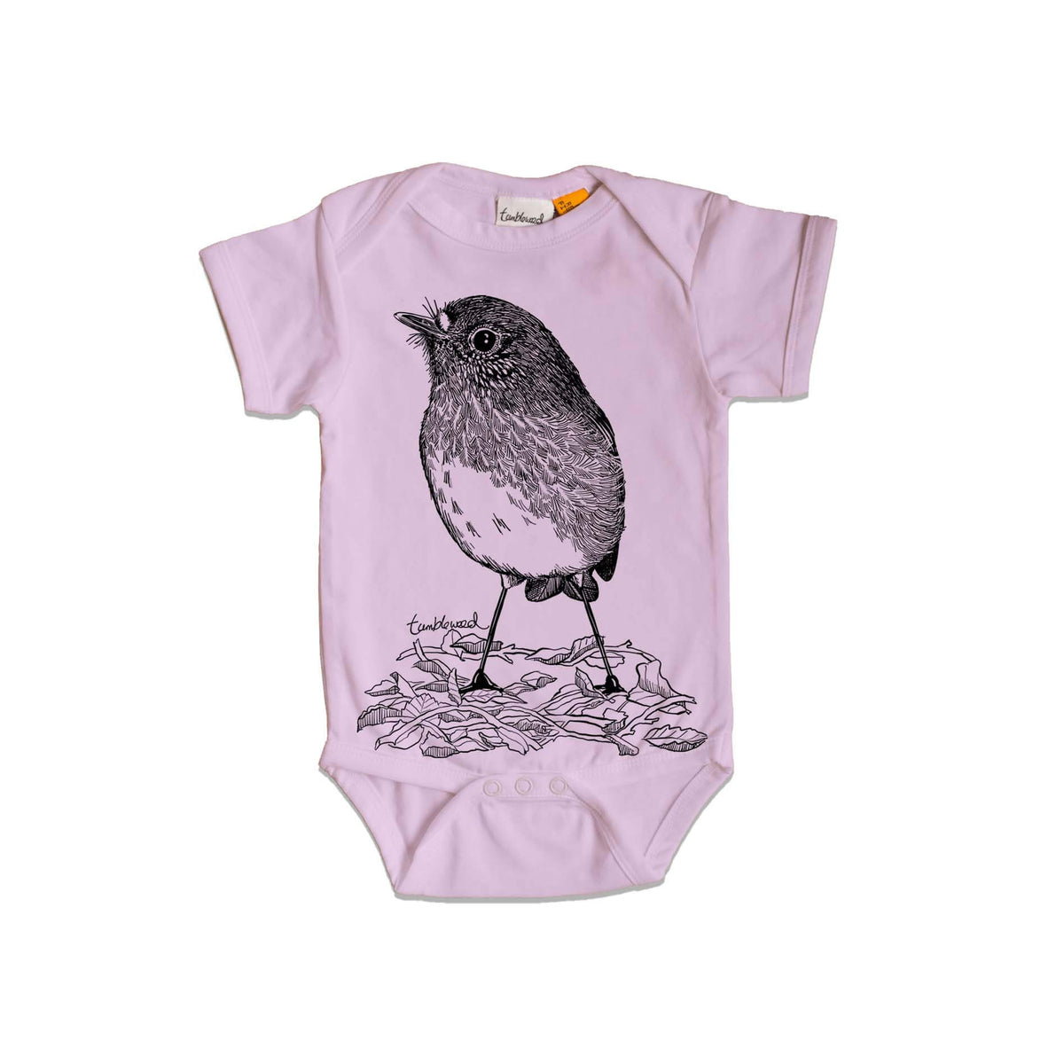 Short sleeved, purple, organic cotton, baby onesie featuring a screen printed North Island Robin design.
design.