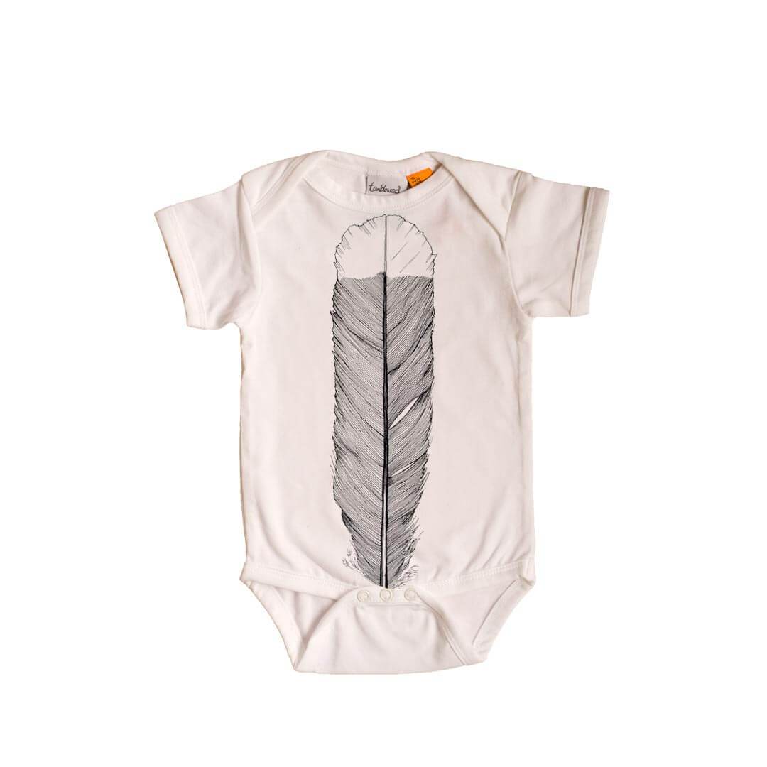 Short sleeved, white, organic cotton, baby onesie featuring a screen printed Huia Feather design.