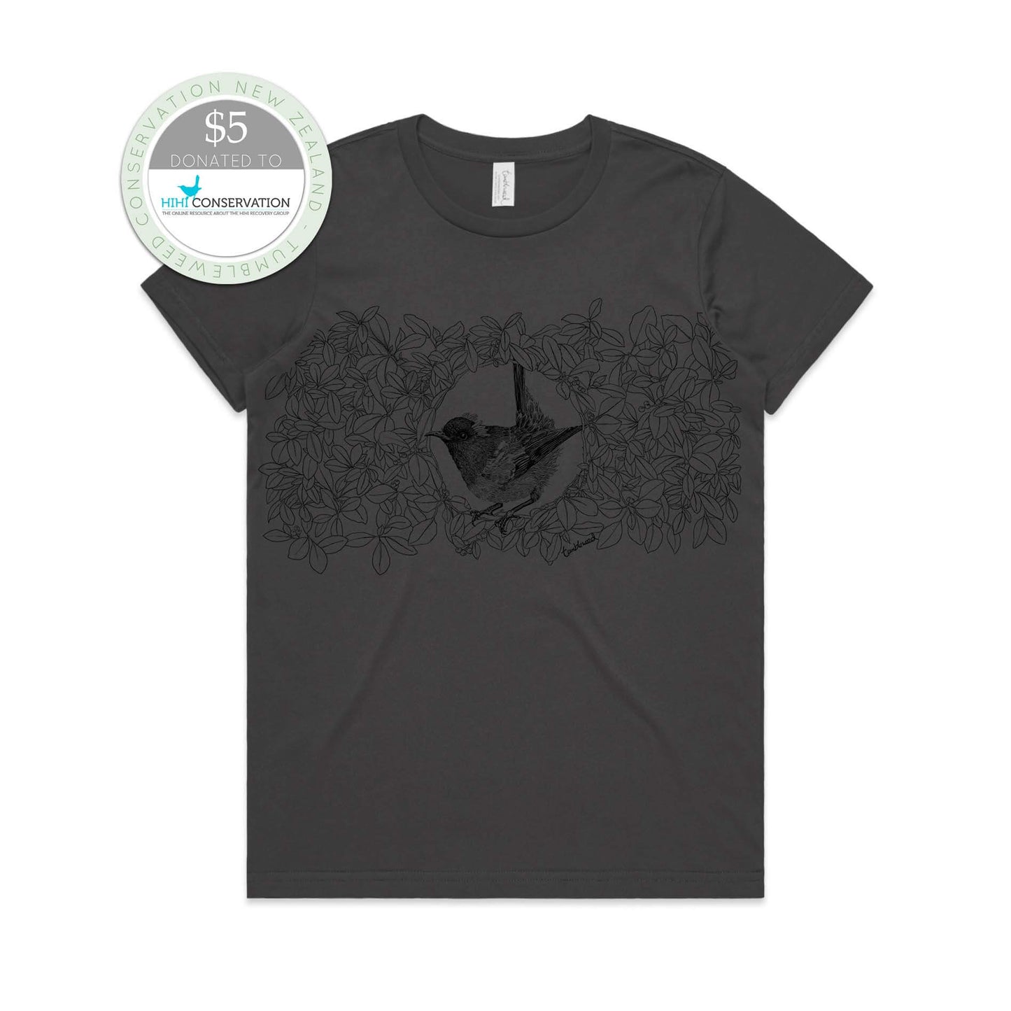 Charcoal, female t-shirt featuring a screen printed Hihi/Stitchbird design.