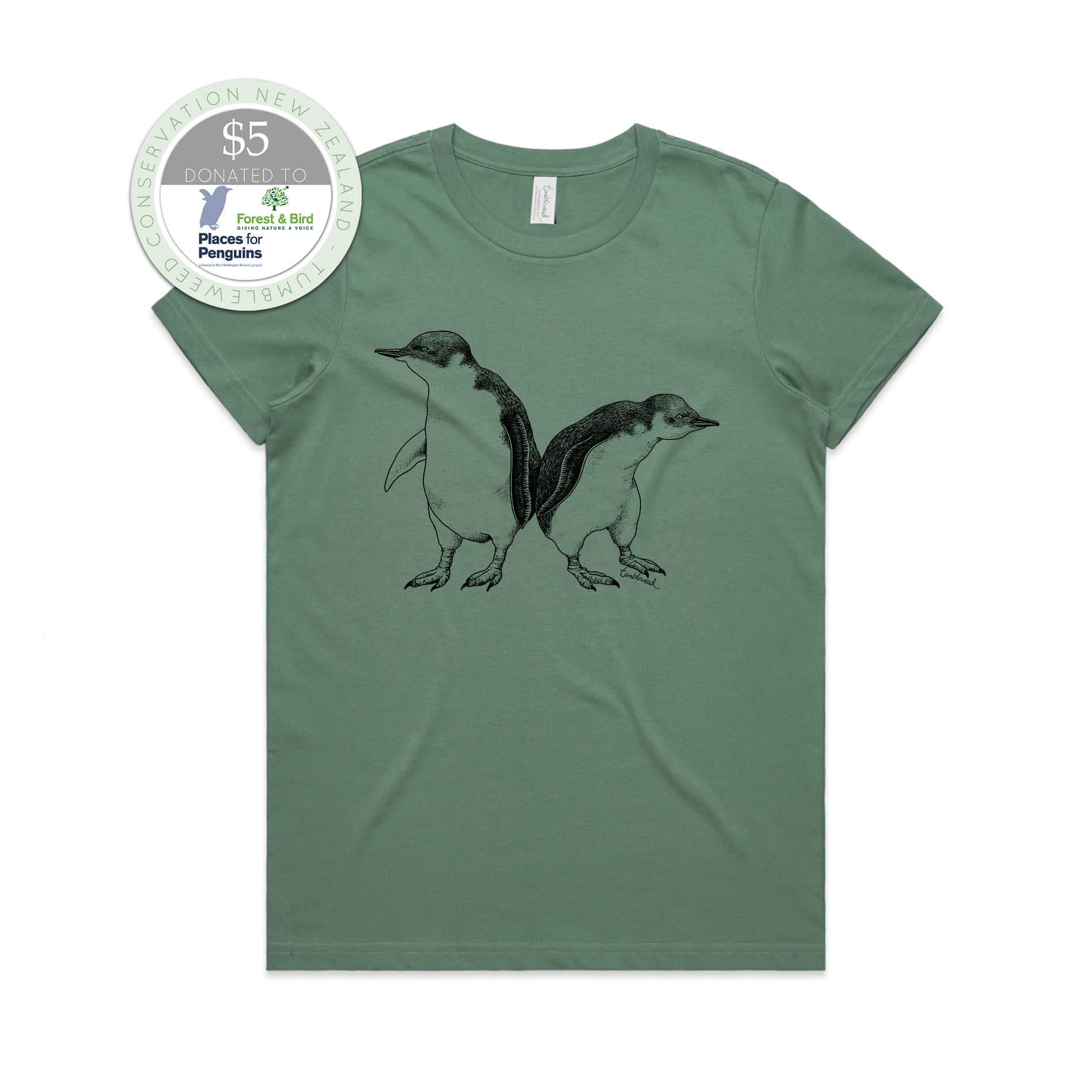 Sage, female t-shirt featuring a screen printed Little Blue Penguin design.