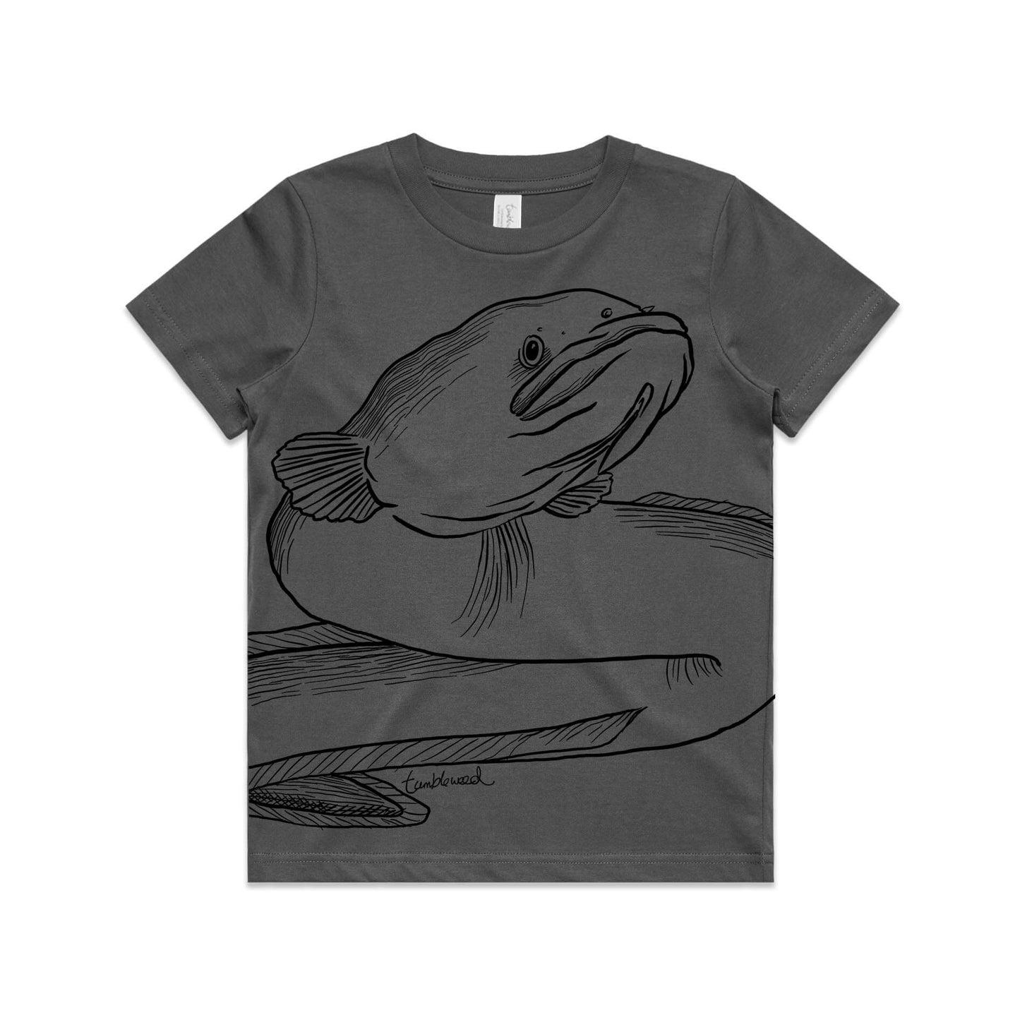 Charcoal, cotton kids' t-shirt with screen printed Long fin eel/tuna design.