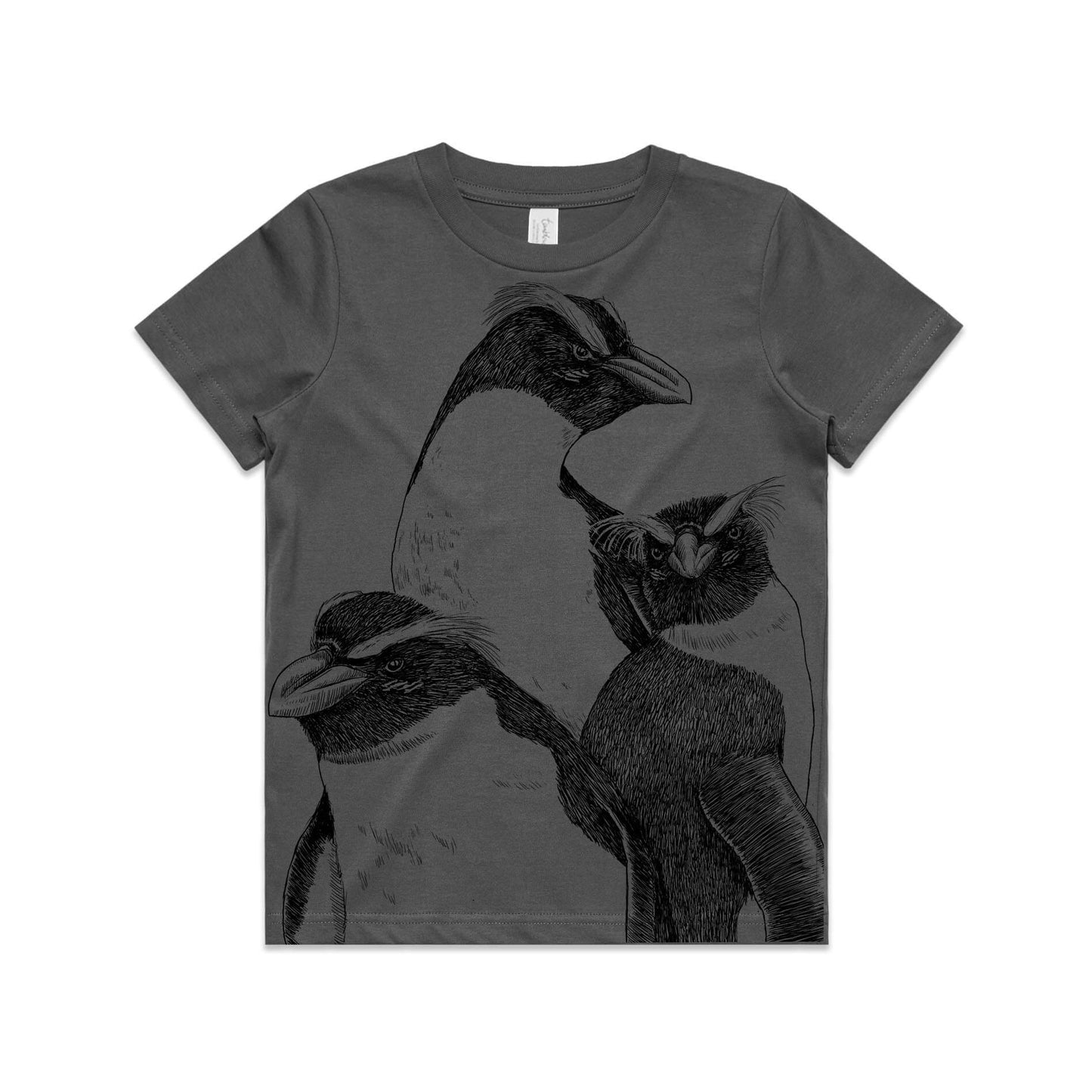 Charcoal, cotton kids' t-shirt with screen printed Kids tawaki/fiordland crested penguin design.