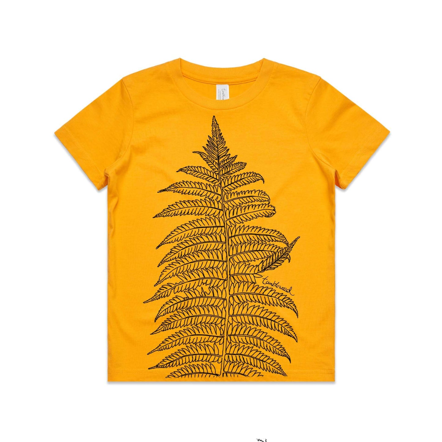 Gold, cotton kids' t-shirt with screen printed Silver fern/ponga design.
