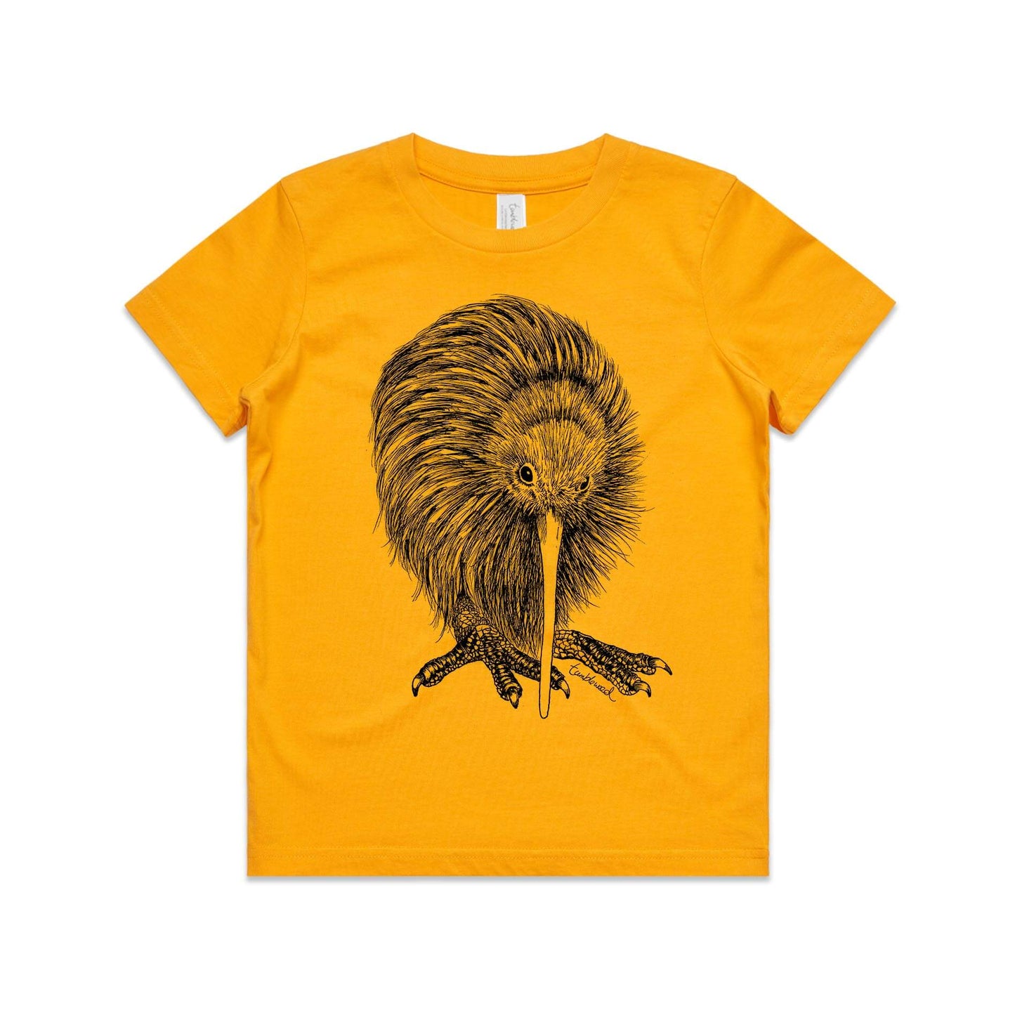 Gold, cotton kids' t-shirt with screen printed Kids kiwi design.