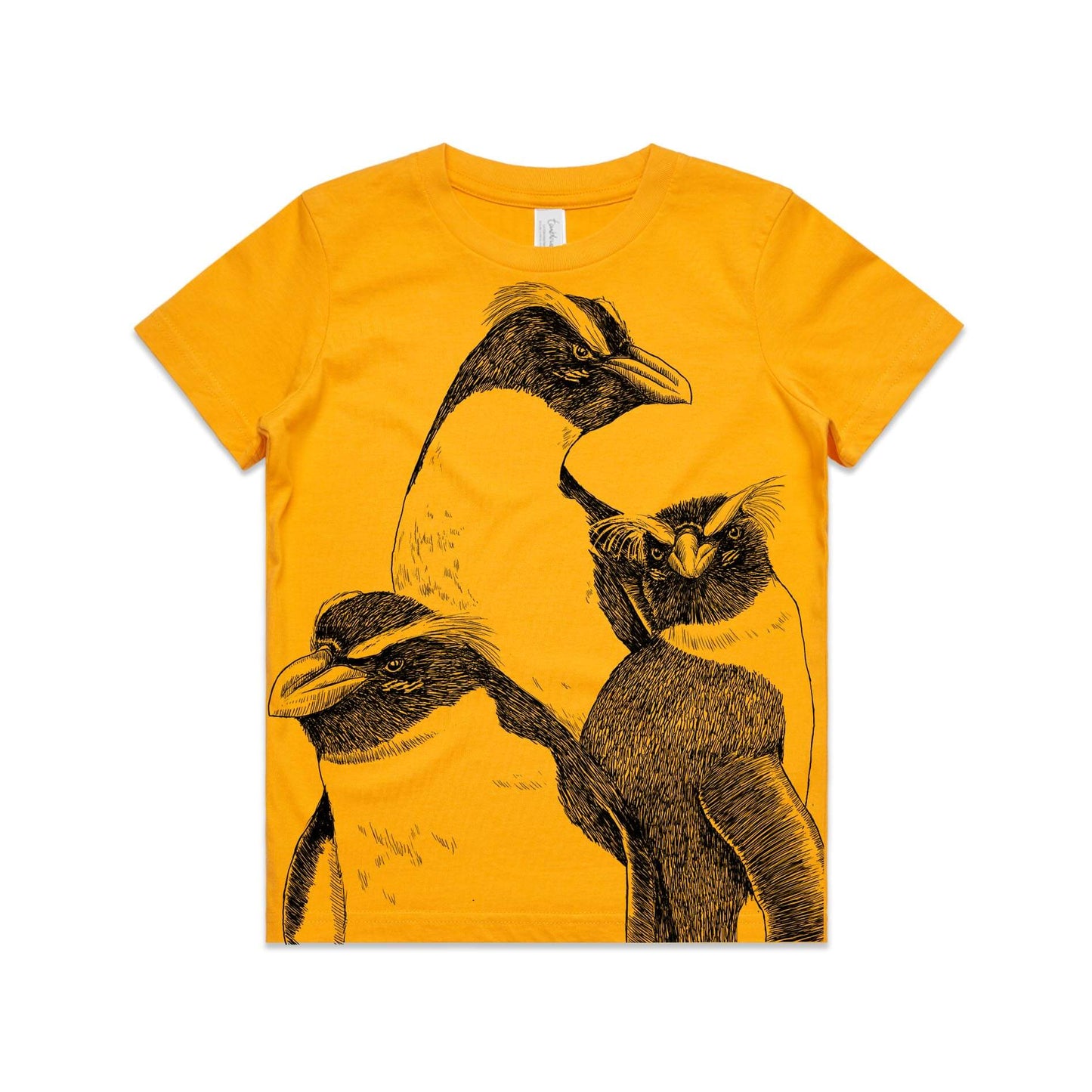 Gold, cotton kids' t-shirt with screen printed Kids tawaki/fiordland crested penguin design.