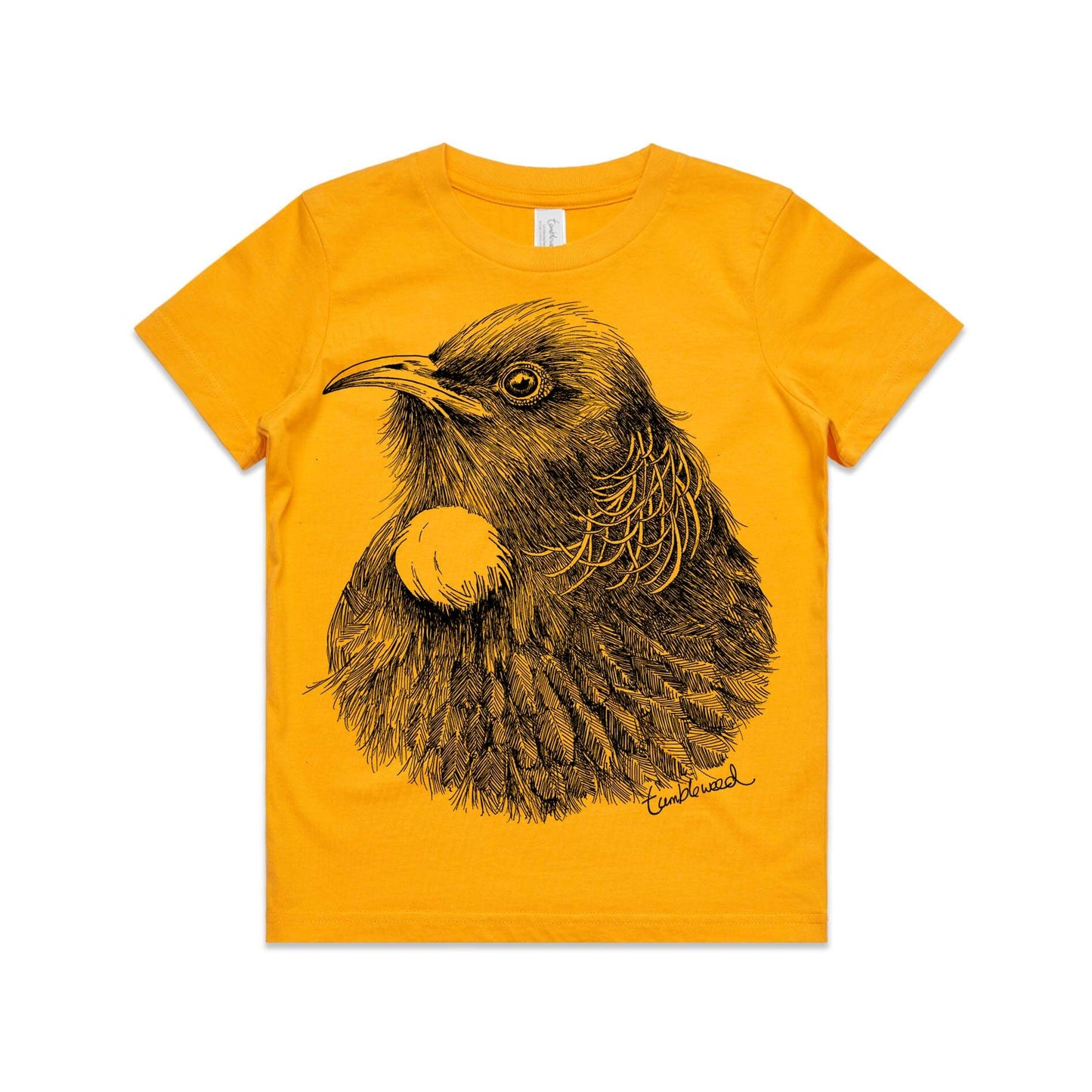 Gold, cotton kids' t-shirt with screen printed tui design.