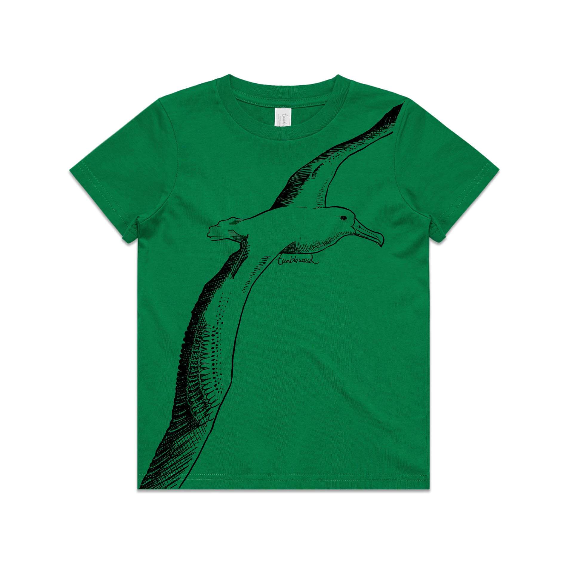 Green, cotton kids' t-shirt with screen printed albatross design.