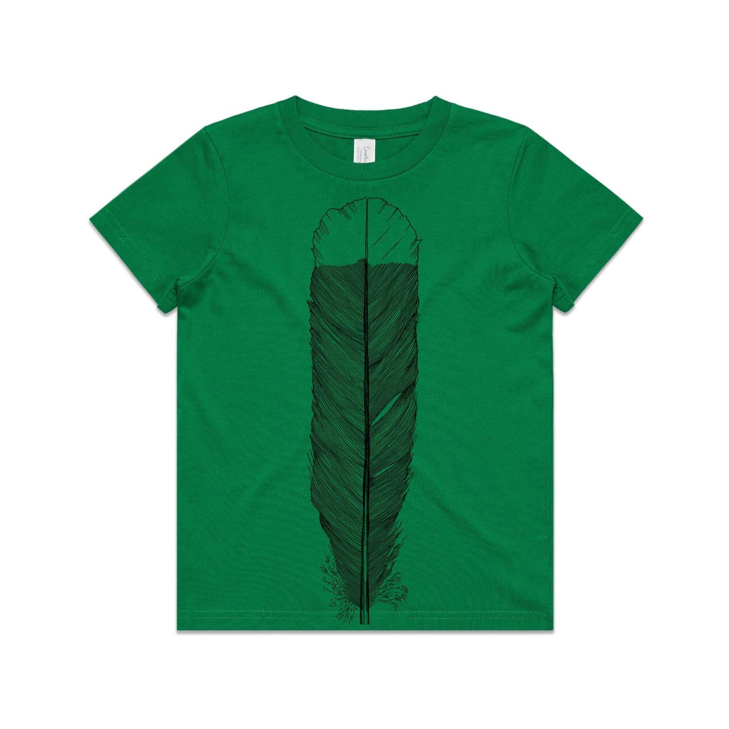 Green, cotton kids' t-shirt with screen printed Kids huia feather design.