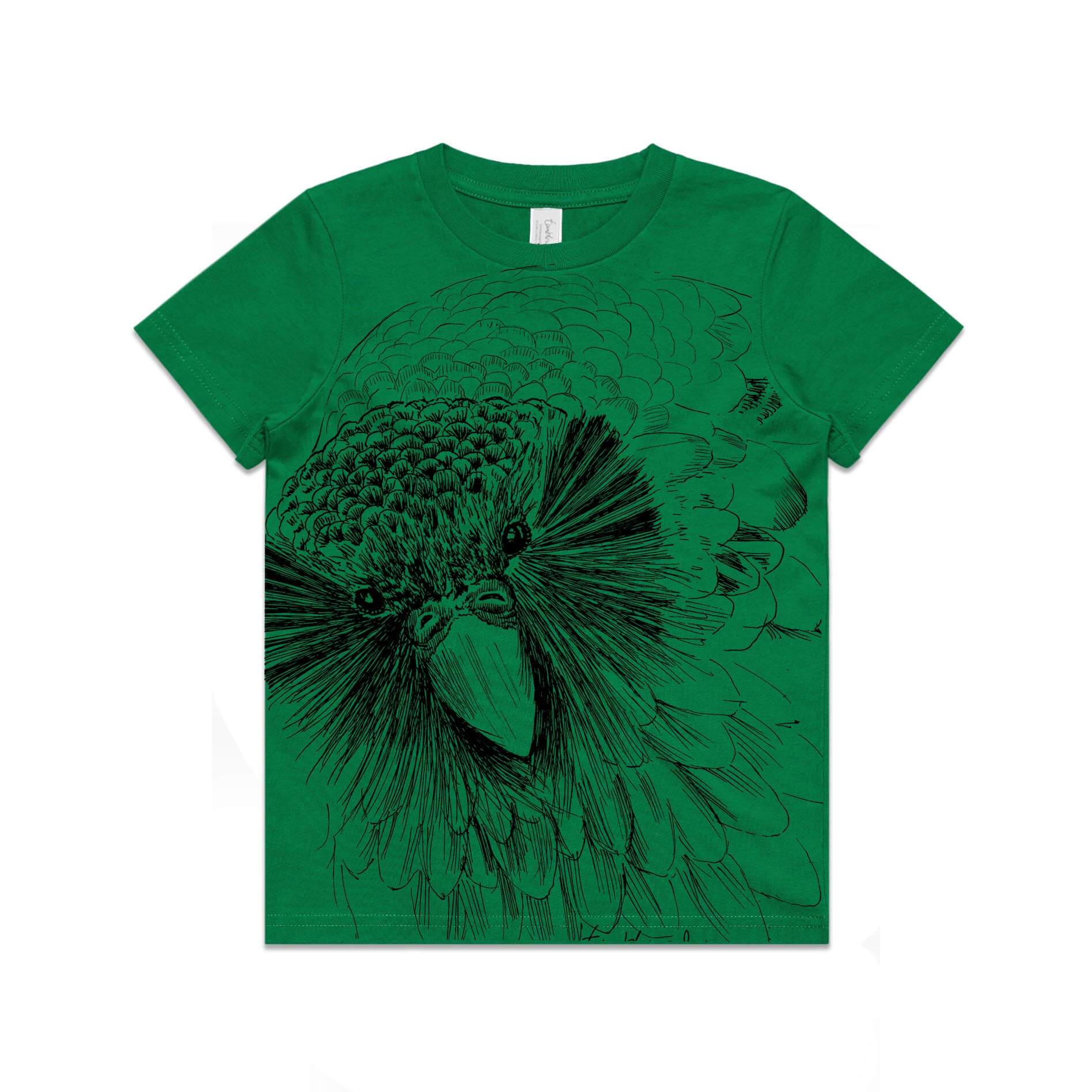 Green, cotton kids' t-shirt with screen printed Sirocco the Kakapo design.