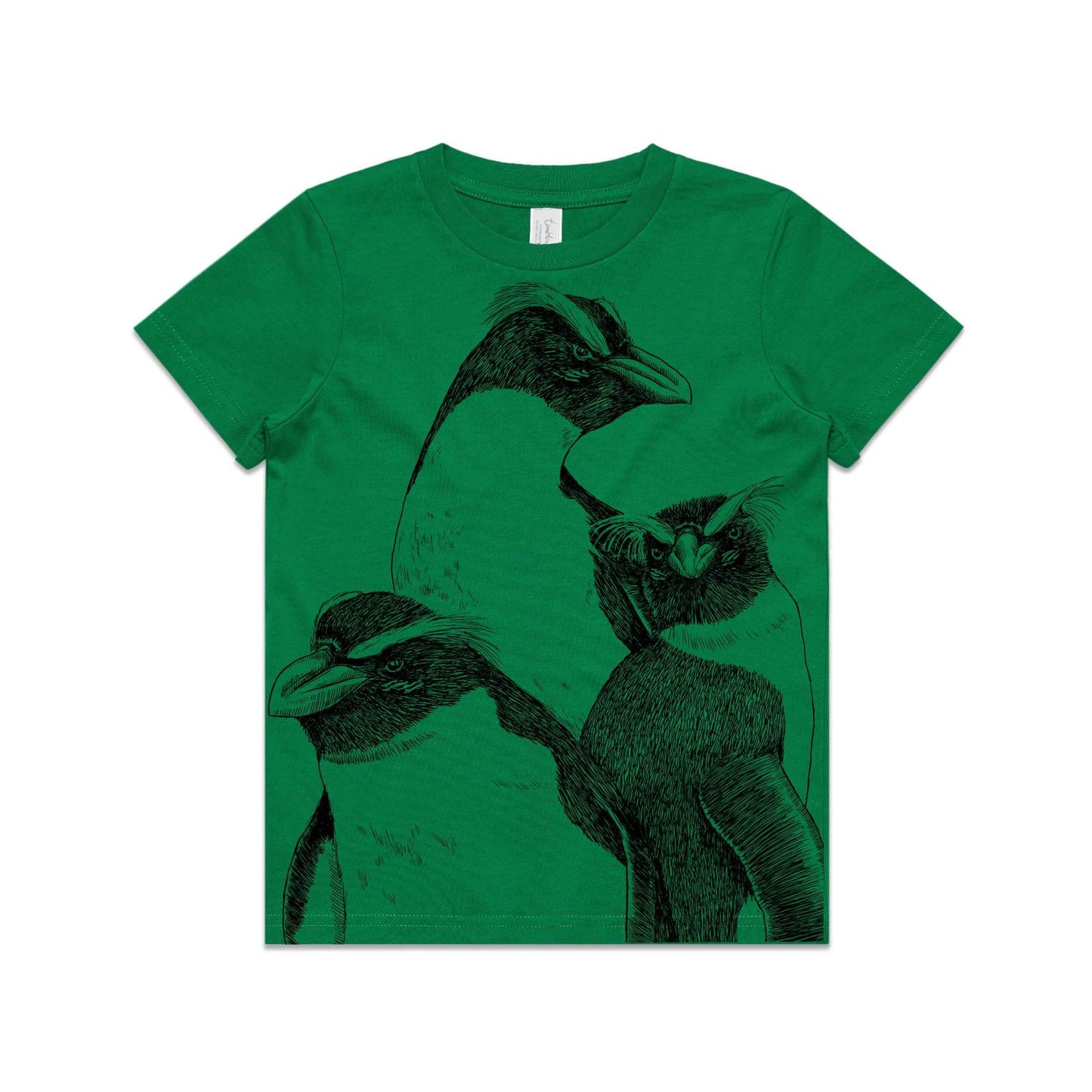 Green, cotton kids' t-shirt with screen printed Kids tawaki/fiordland crested penguin design.