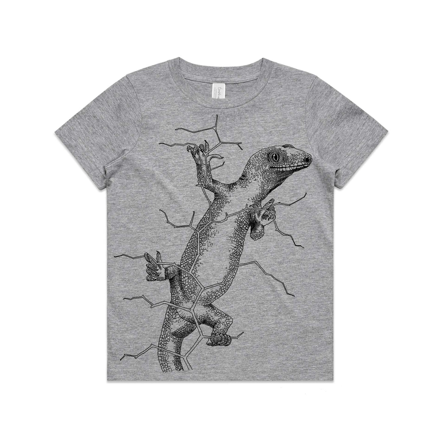 Grey marle, cotton kids' t-shirt with screen printed gecko design.