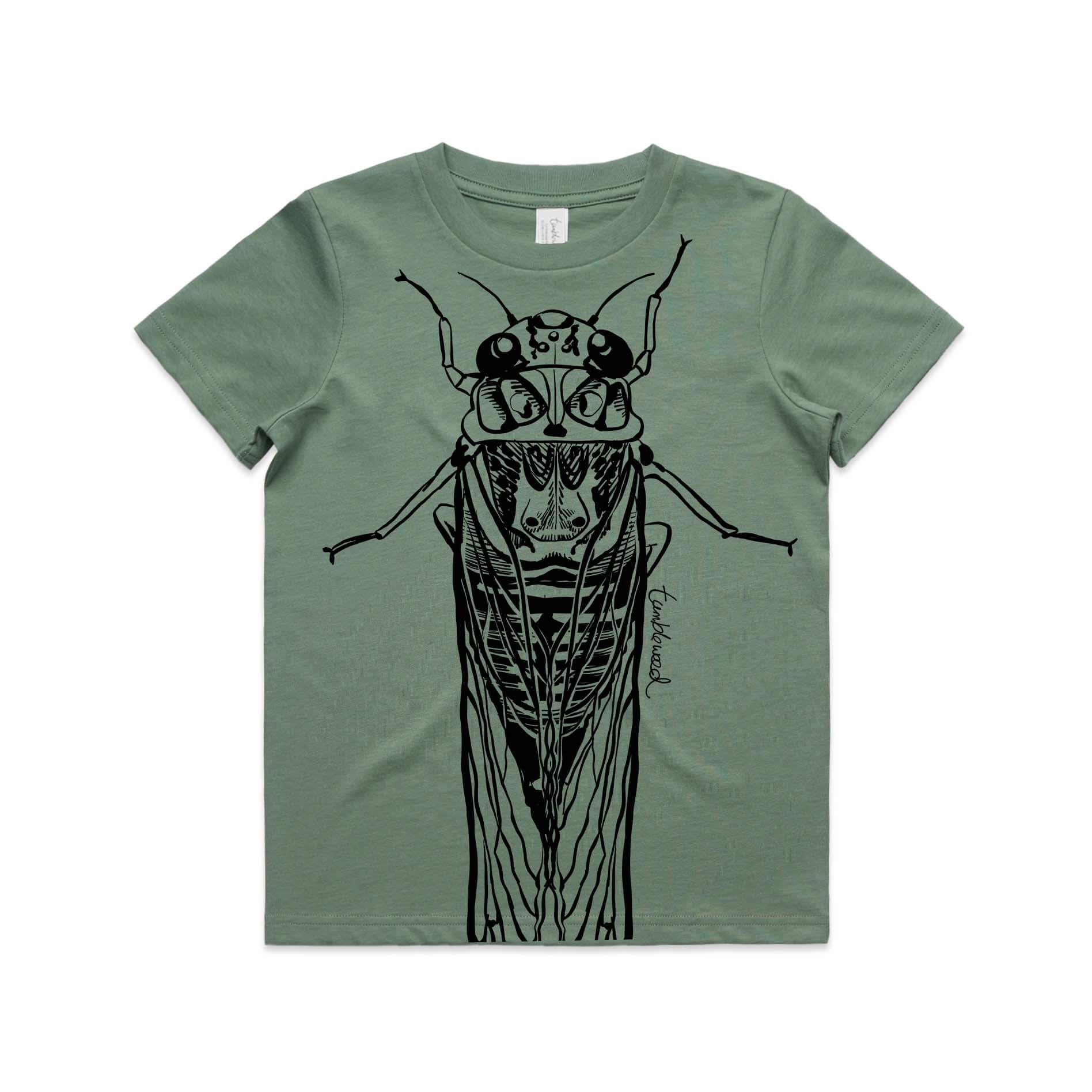 Sage, cotton kids' t-shirt with screen printed cicada/kihikihi-wawā design.