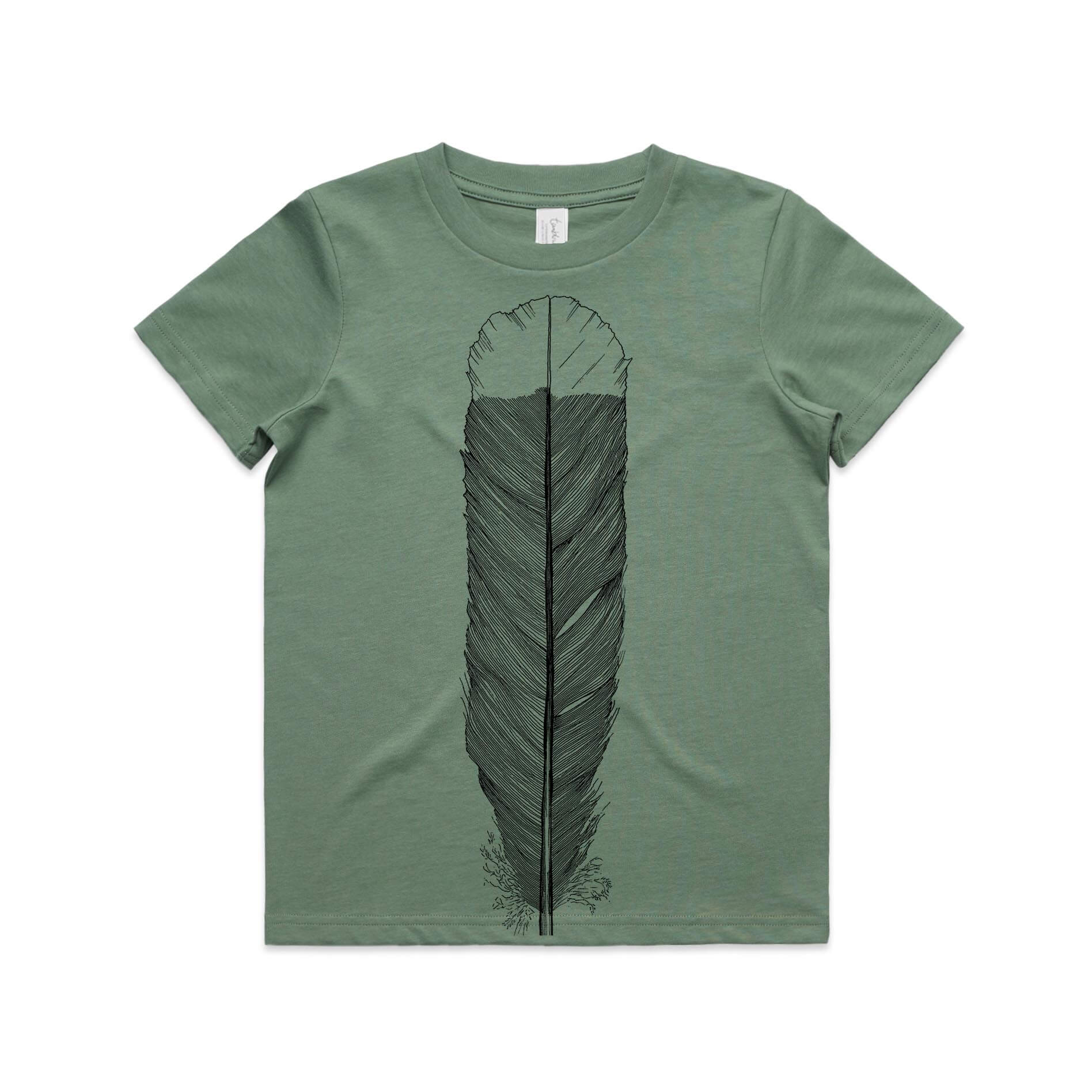 Sage, cotton kids' t-shirt with screen printed Kids hihi/stitchbird design.