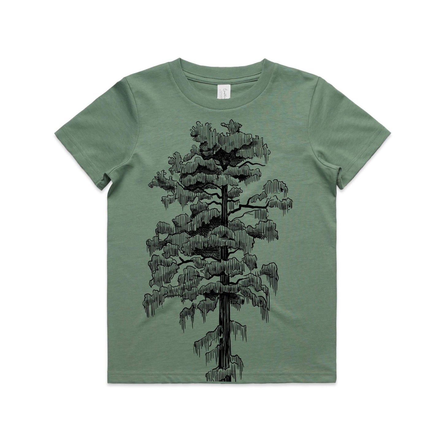 Sage, cotton kids' t-shirt with screen printed rimu design.