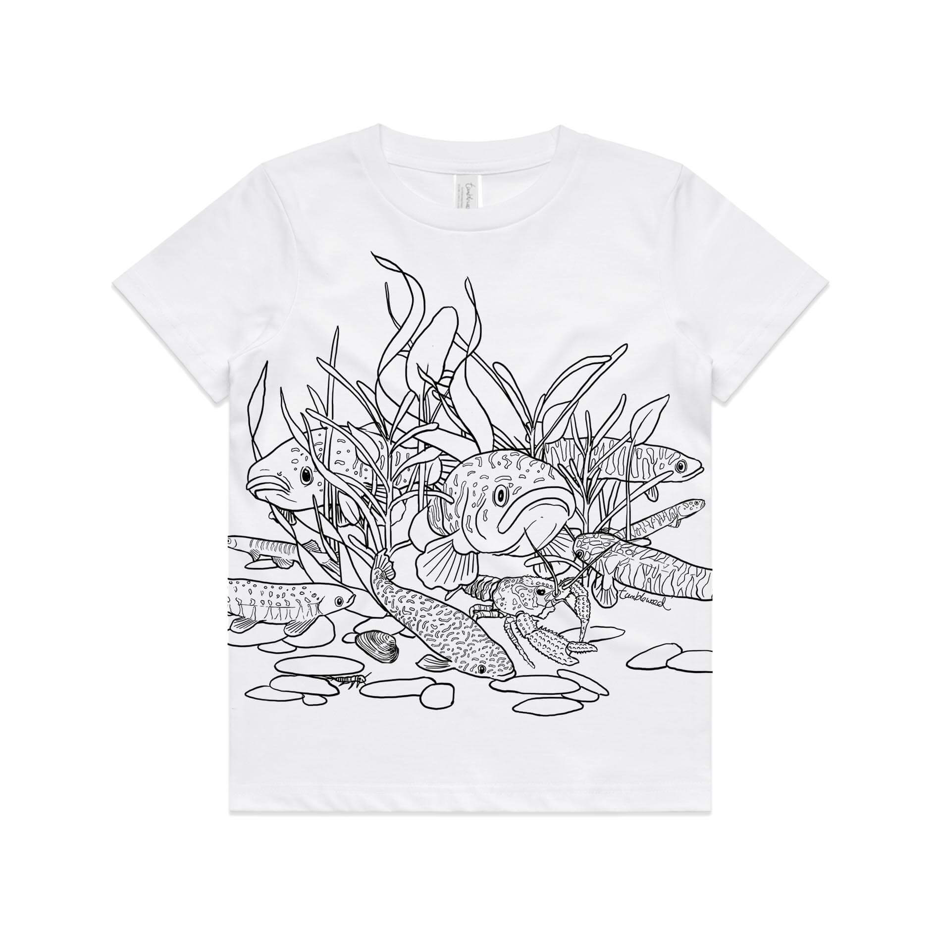 White, cotton kids' t-shirt with screen printed freshwater fish design.