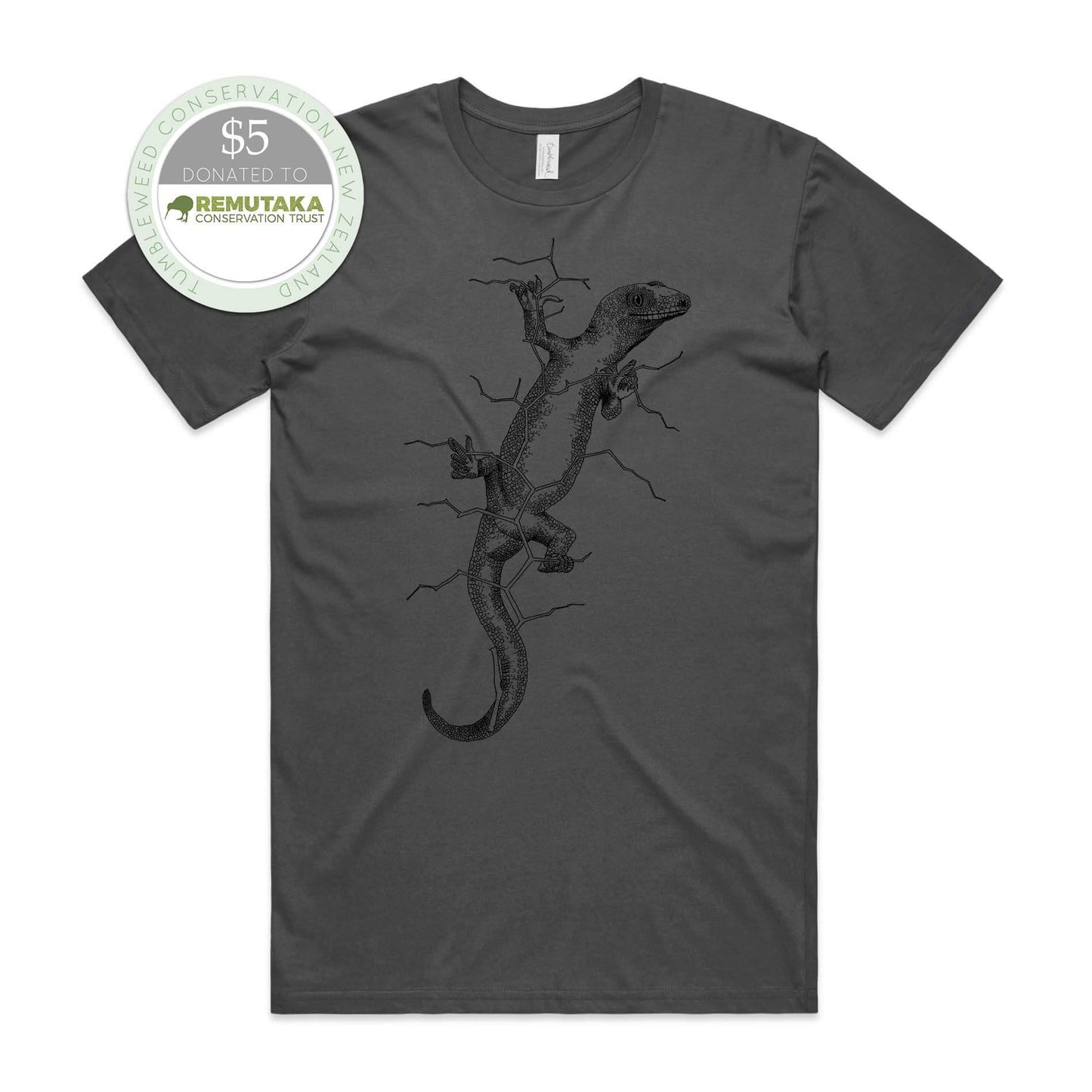 White, female t-shirt featuring a screen printed gecko design.
