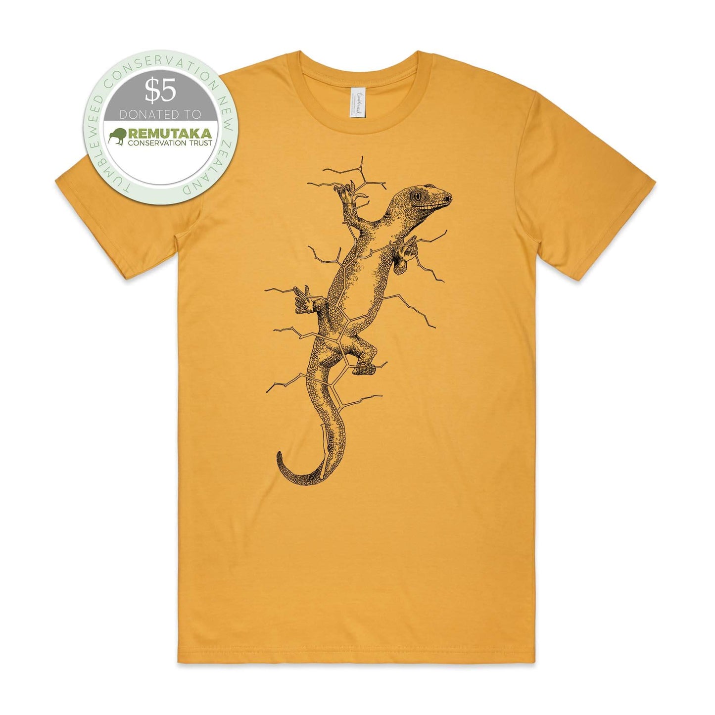 Charcoal, female t-shirt featuring a screen printed gecko design.
