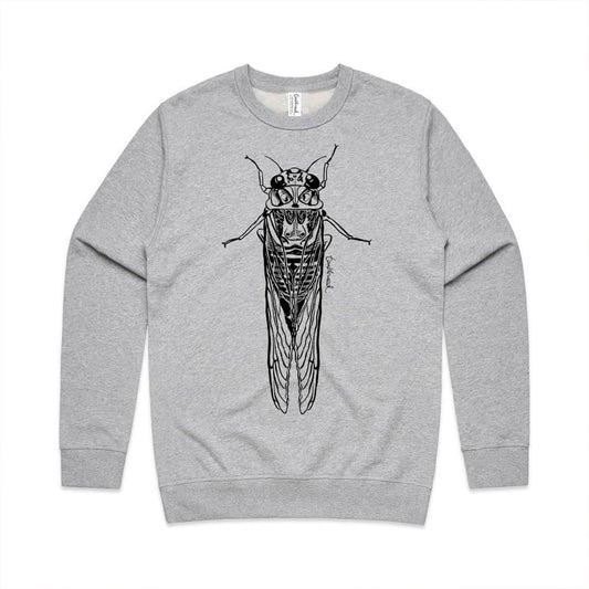 Grey marle unisex sweatshirt with a screen printed Cicada/kihikihi-wawā design.