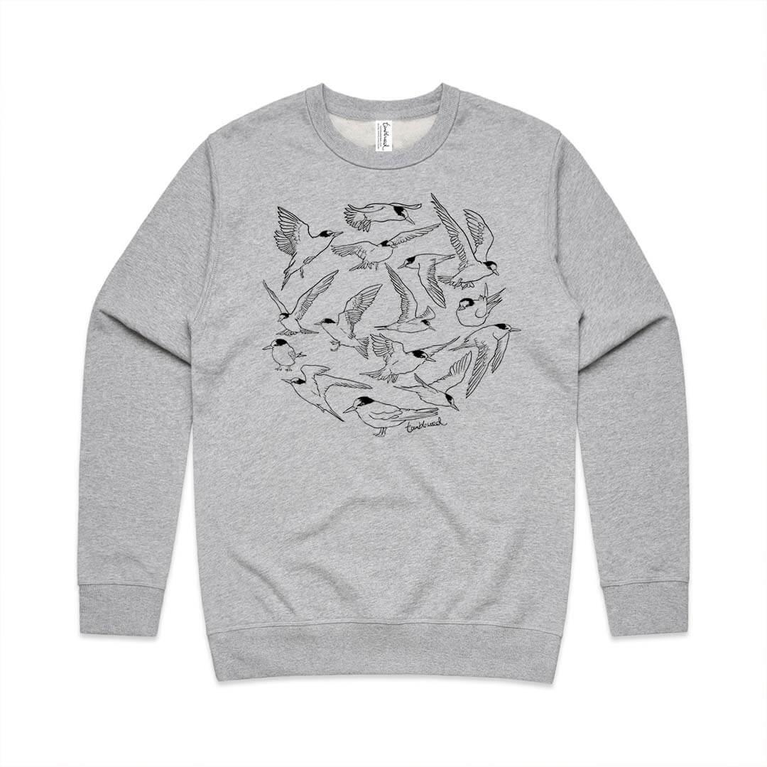 Grey marle unisex sweatshirt with a screen printed Fairy Tern/Tara Iti design.