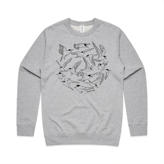 Grey marle unisex sweatshirt with a screen printed Fairy Tern/Tara Iti  design.