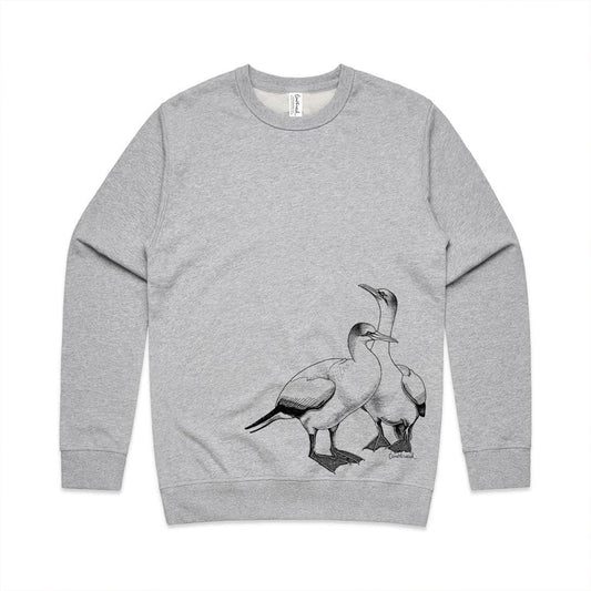 Grey marle unisex sweatshirt with a screen printed gannet design.