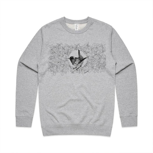 Grey marle unisex sweatshirt with a screen printed Hihi/Stitchbird design.