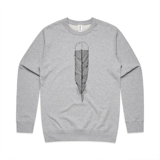 Grey marle unisex sweatshirt with a screen printed Huia Feather design.