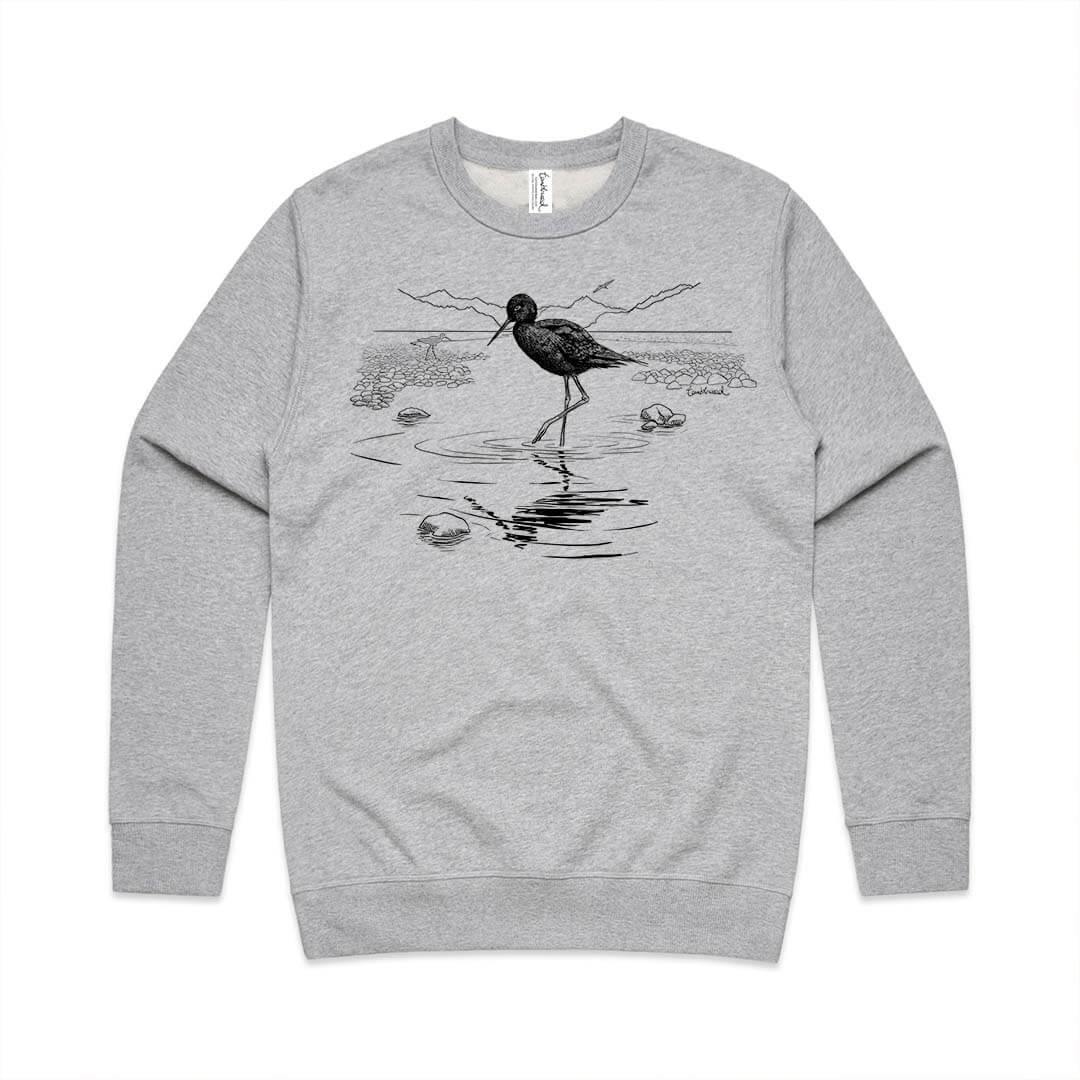 Grey marle unisex sweatshirt with a screen printed Black Stilt/Kakī design.