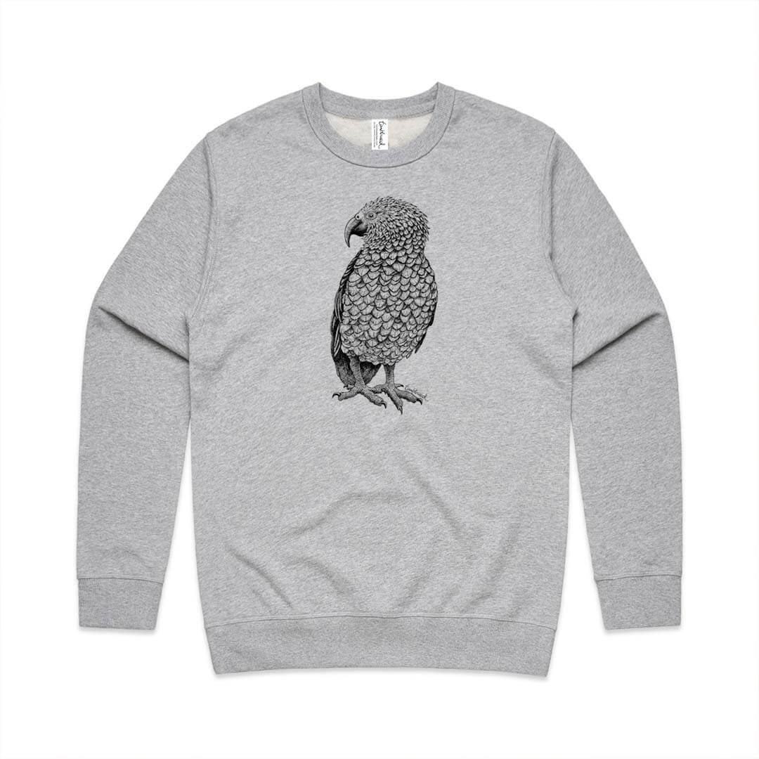 Grey marle unisex sweatshirt with a screen printed kea design.