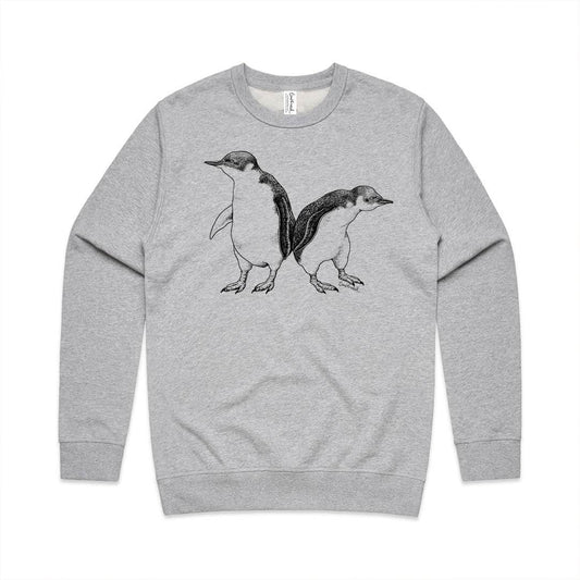 Grey marle unisex sweatshirt with a screen printed Little Blue Penguin design.