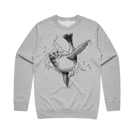 Grey marle, sweatshirt featuring a screen printed New Zealand sea lion design.