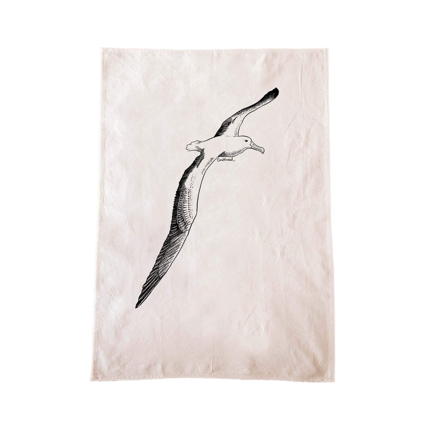Off-white cotton tea towel with a screen printed Albatross design.