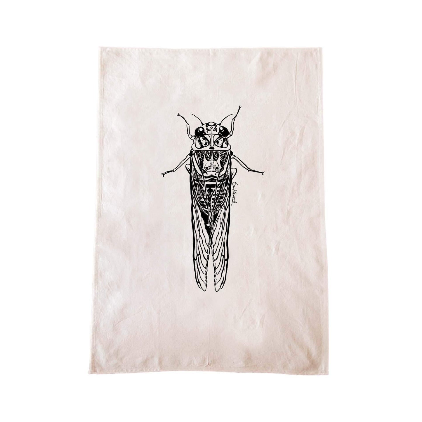 Off-white cotton tea towel with a screen printed Cicada/kihikihi-wawā design.