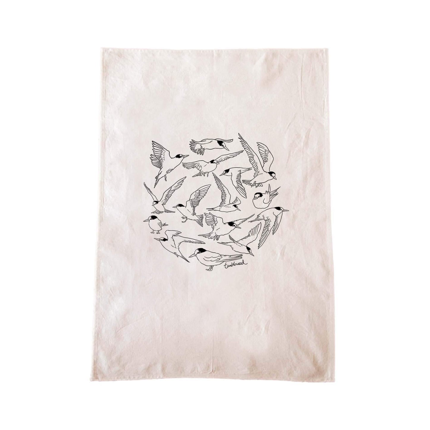 Off-white cotton tea towel with a screen printed Black Stilt/Kakī design.