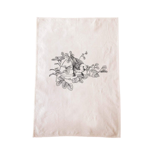 Off-white cotton tea towel with a screen printed Mōhua/Yellowhead design.