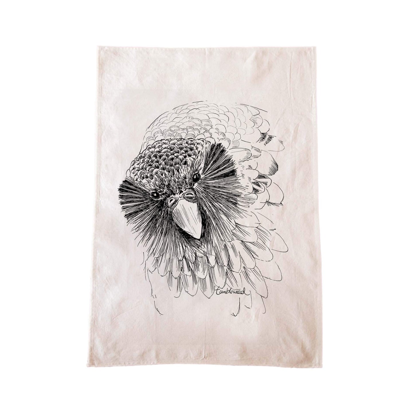 Off-white cotton tea towel with a screen printed Sirocco the Kākāpō design.