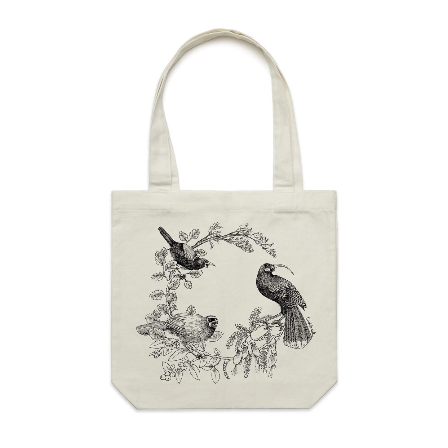 Cotton canvas tote bag with a screen printed Kōkako huia saddleback/tīeke design.
