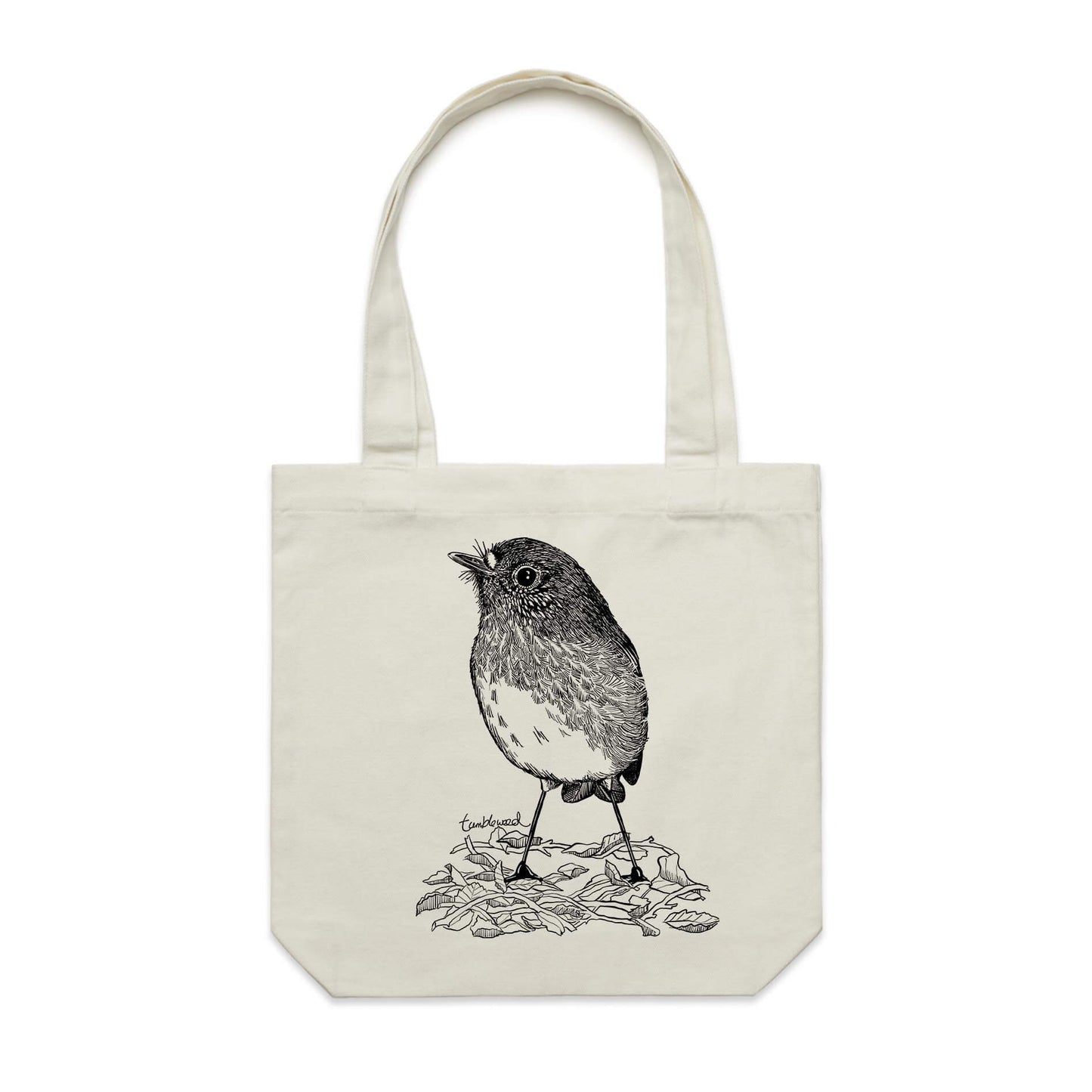Cotton canvas tote bag with a screen printed North Island Robin/toutouwai design.