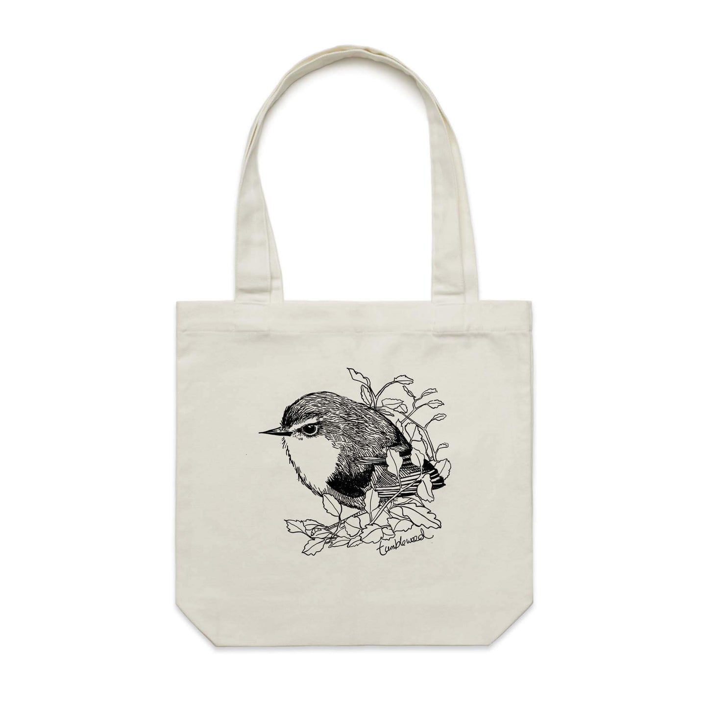 Cotton canvas tote bag with a screen printed titipounamu/rifleman design.