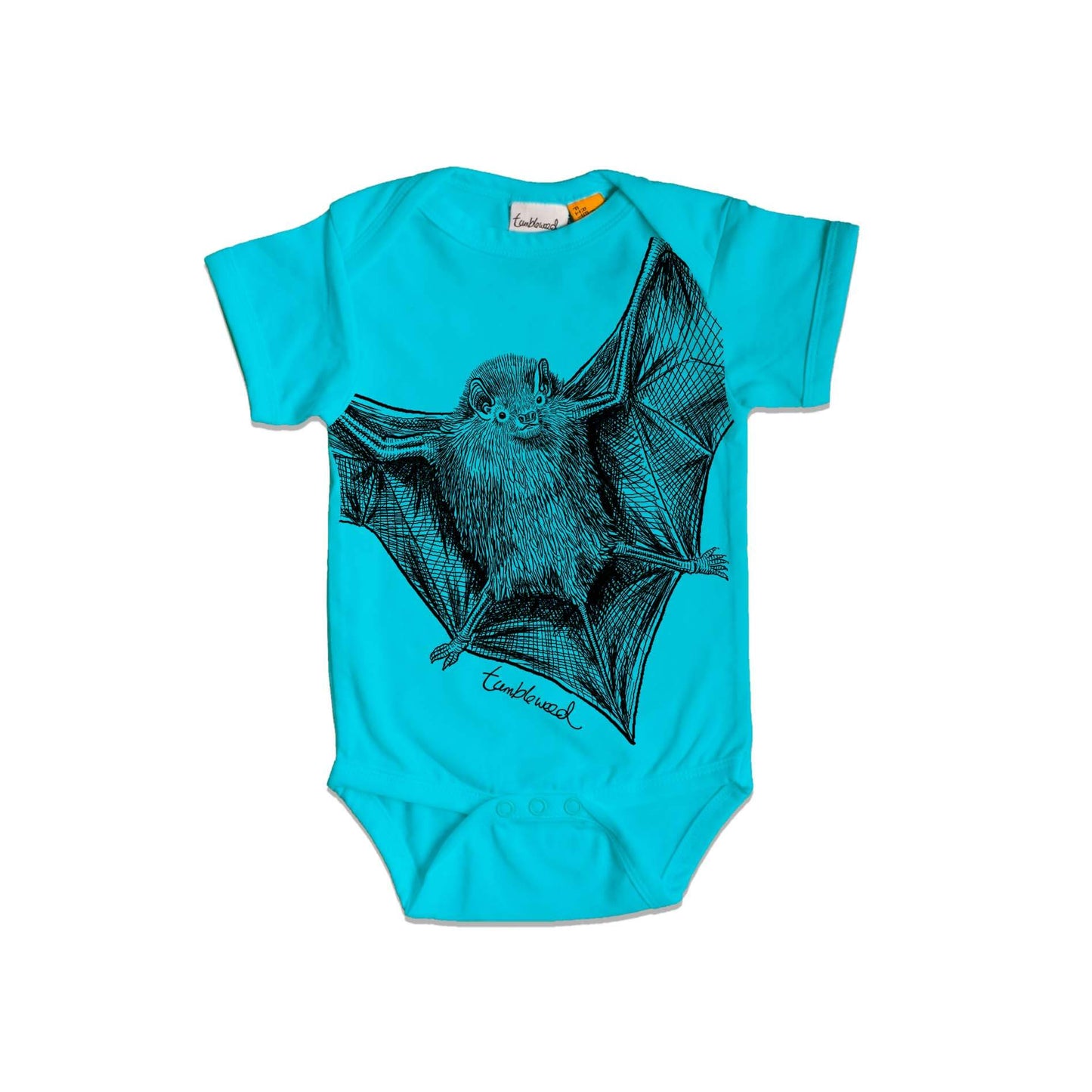 Short sleeved, blue, organic cotton, baby onesie featuring a screen printed bat/pekapeka design.
 design.