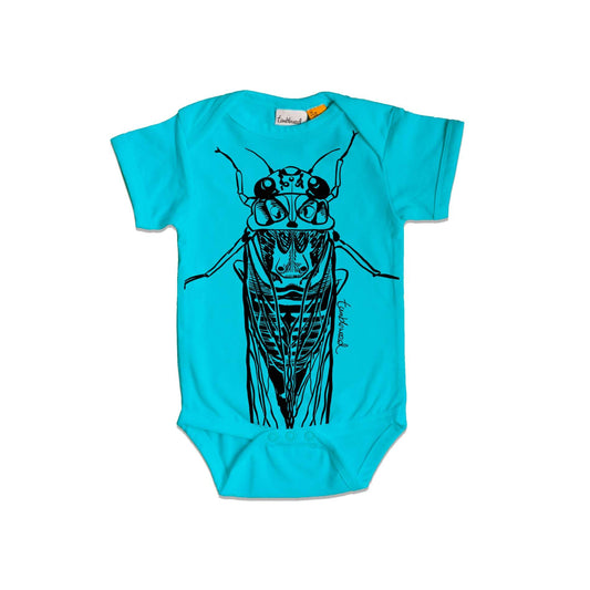 Short sleeved, blue, organic cotton, baby onesie featuring a screen printed Cicada design.
 design.