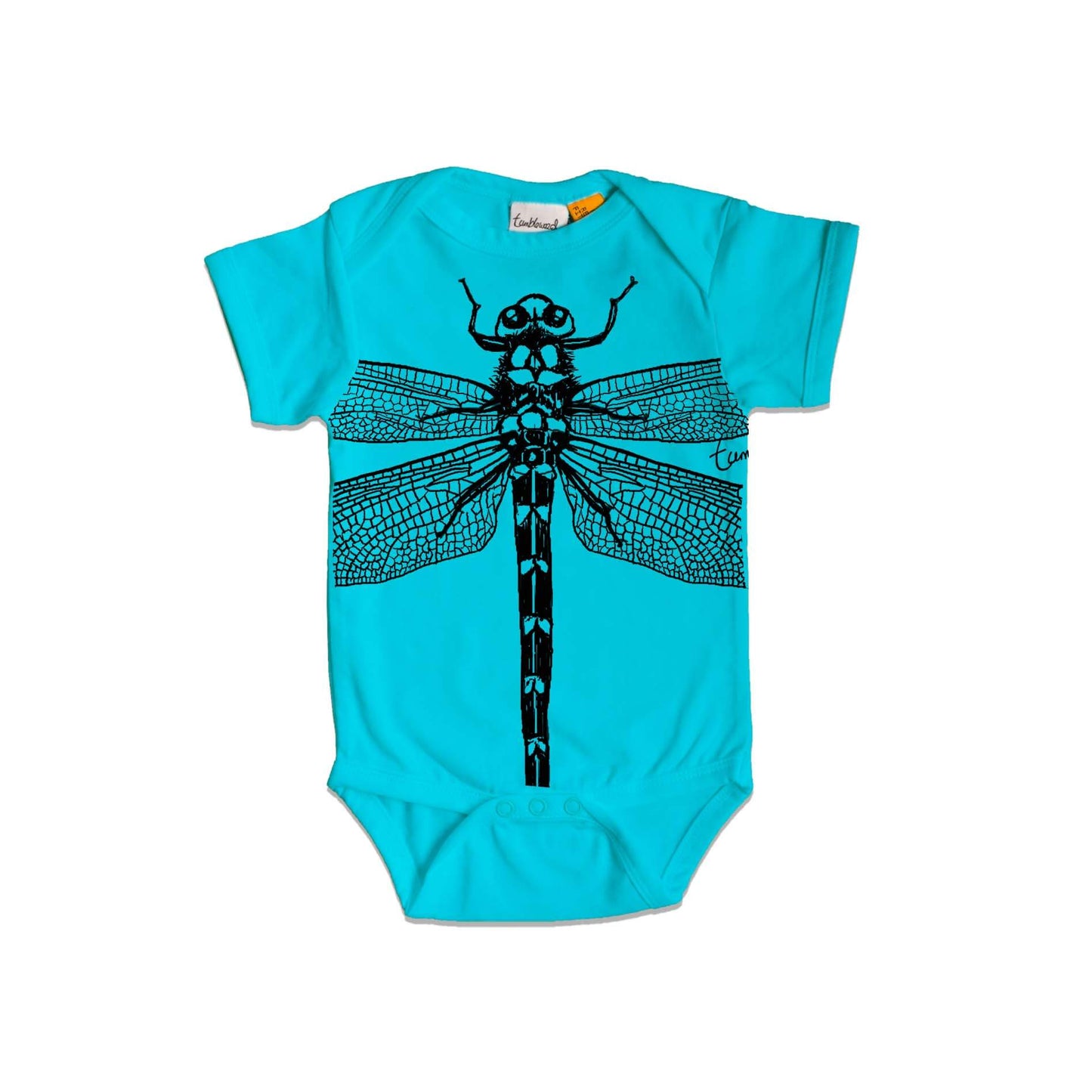 Short sleeved, blue, organic cotton, baby onesie featuring a screen printed Dragonfly design.
 design.