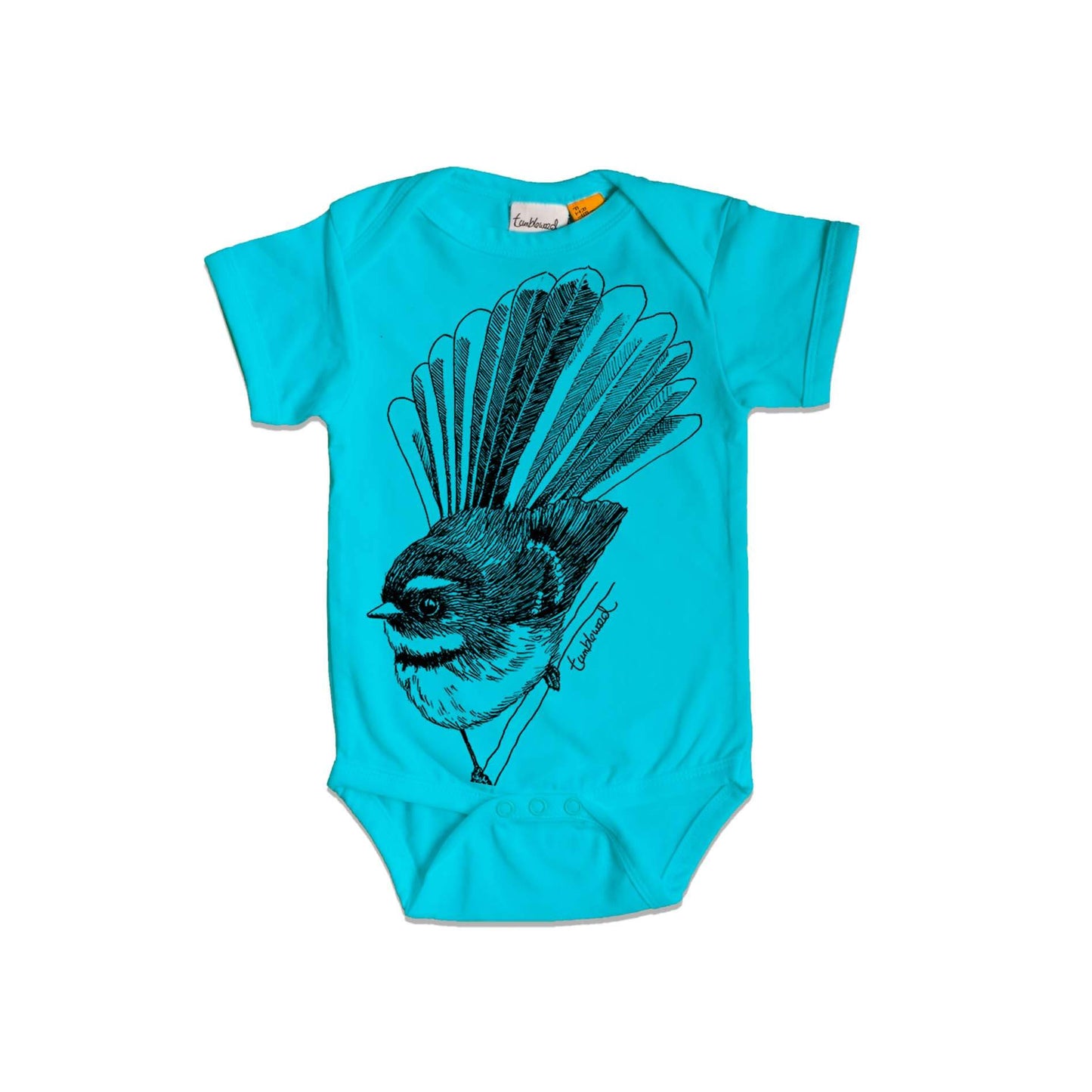 Short sleeved, blue, organic cotton, baby onesie featuring a screen printed Fantail/Pīwakawaka design.
 design.