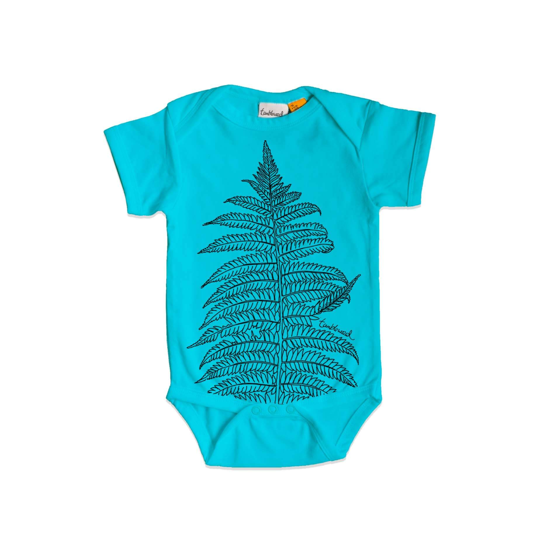 Short sleeved, blue, organic cotton, baby onesie featuring a screen printed Silver fern/ponga design.
 design.