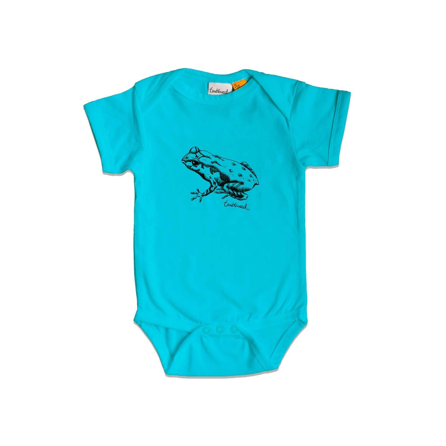 Short sleeved, blue, organic cotton, baby onesie featuring a screen printed Archey's Frog design.
 design.