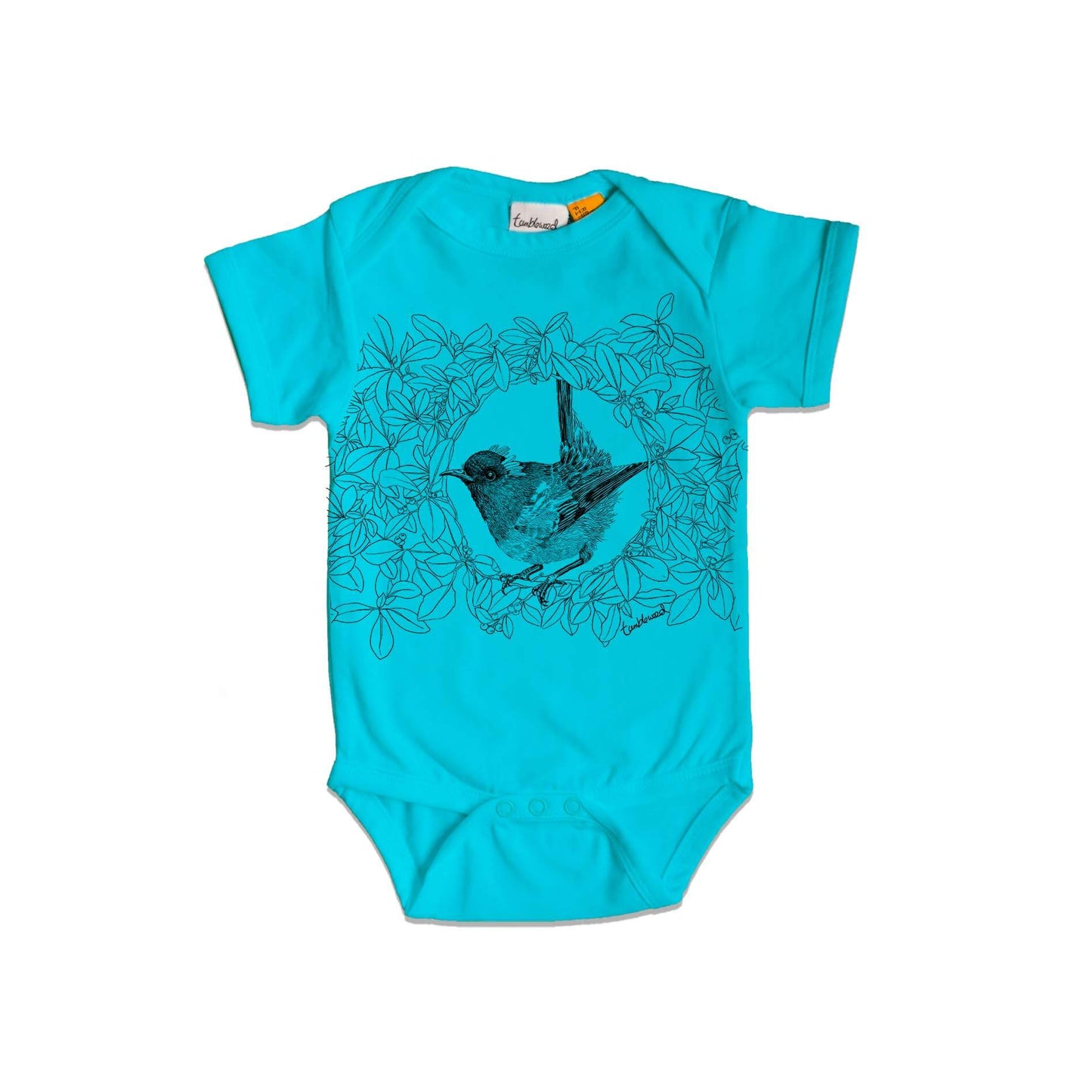 Short sleeved, blue, organic cotton, baby onesie featuring a screen printed Hihi/Stitchbird design.
 design.
